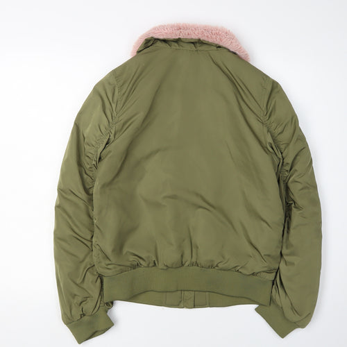 H&M Girls Green Bomber Jacket 13-14Y with Fur Trim