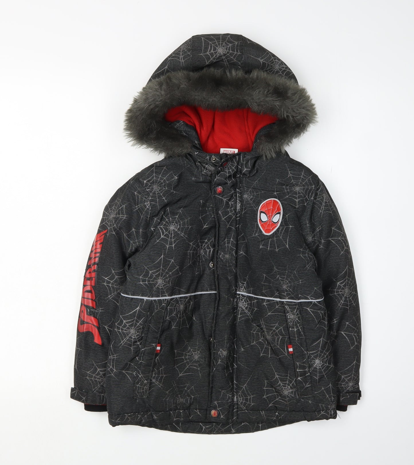 Marvel Spider-Man Boys Black Fur Trim Parka Coat 5-6 Years