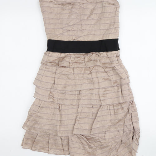 Reiss Women Beige Bodycon Strapless Ruffle Dress