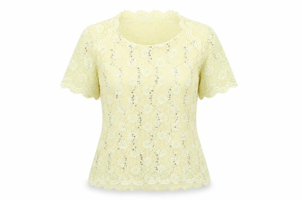 Front view of Jacques Vert Women's Yellow Sequin Lace Blouse -, size 10