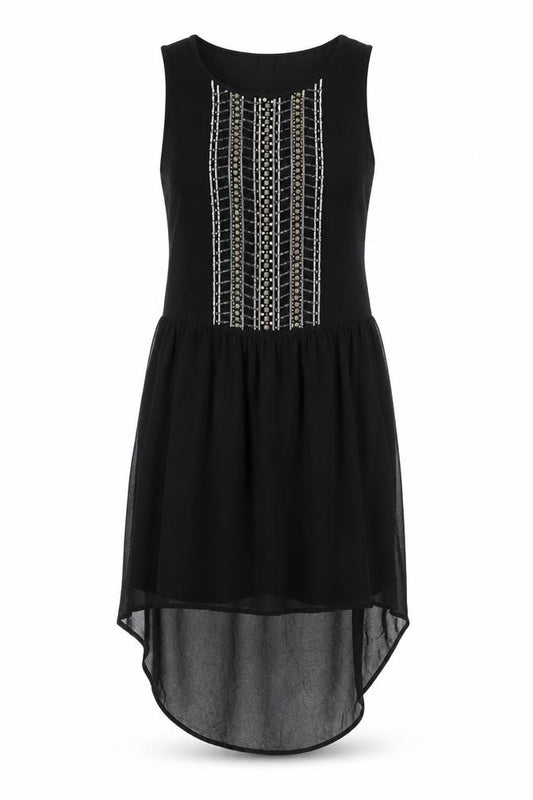 Front view of Next Women's Black Beaded Hi-Low Shift Dress, size 14