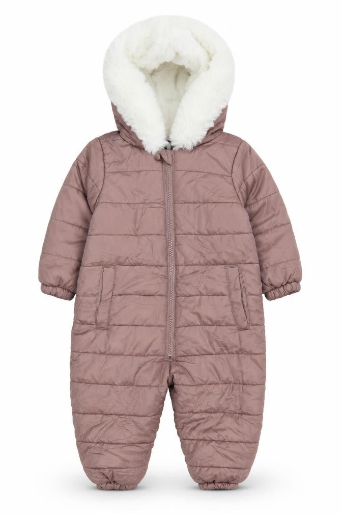 Front view of Very unisex baby brown snowsuit 12-18m puffer jacket