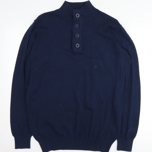 White Label Men's Blue Henley Jumper L, Cotton Knit