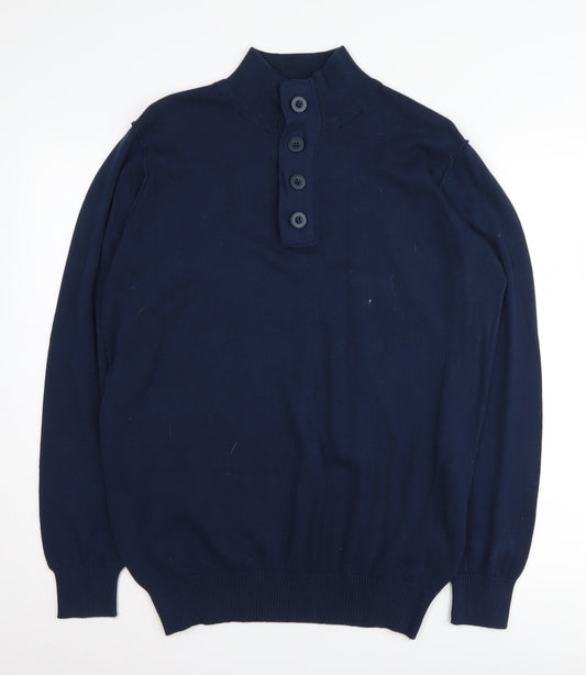 White Label Men's Blue Henley Jumper L, Cotton Knit