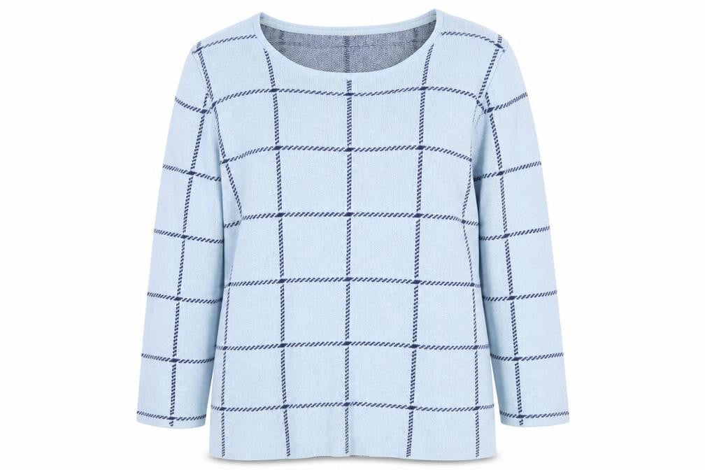 Front view of Eastex Women's Blue Check jumper, size 14
