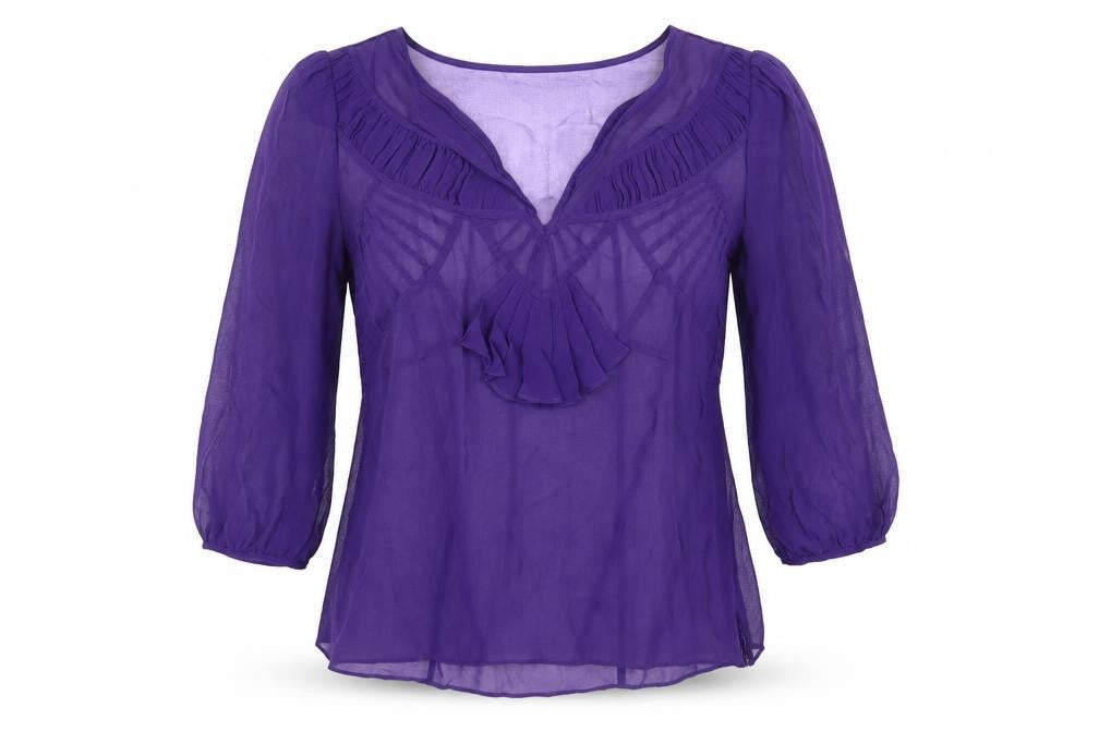Front view of Karen Millen Women's Purple Ruffle Blouse, size 12