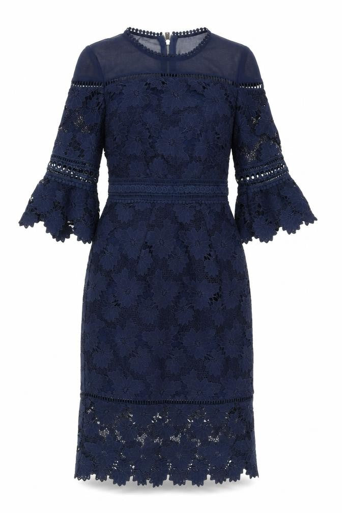 Front view of Whistles Women's Blue Lace Sheath Dress, size 8