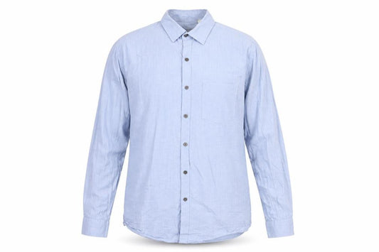 Front view of DKNY Men's Slim Fit Blue Button-Up Shirt, size S