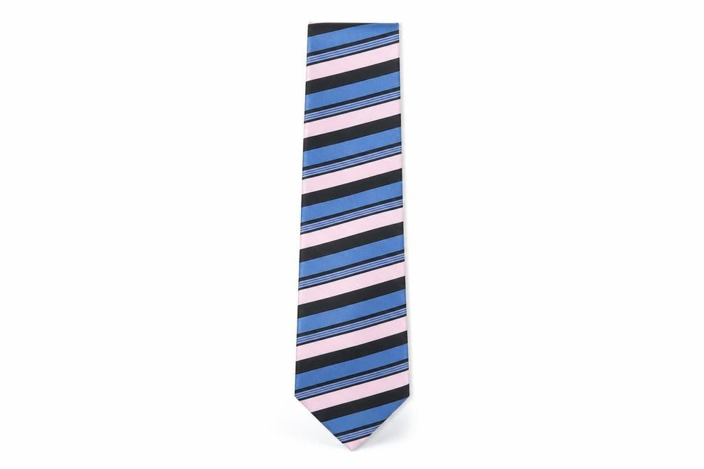 Front view of Jeff Banks Men's Blue Pink Black Silk Designer Tie