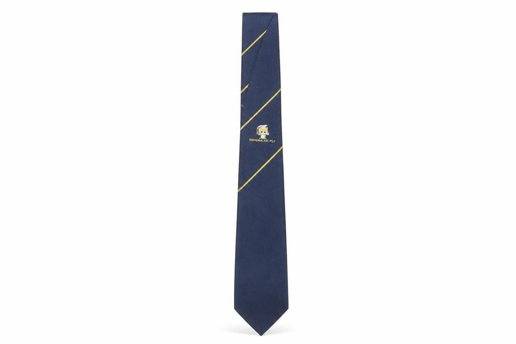 Front view of Men's Blue Silk Polyester Embroidered Logo Tie
