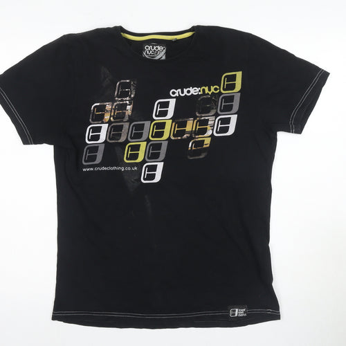 Crude Men's Black Graphic Print T-Shirt, M, Cotton