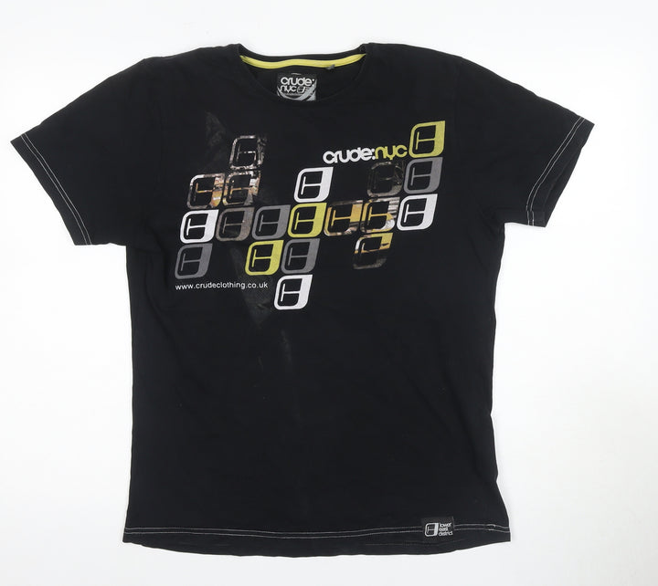 Crude Men's Black Graphic Print T-Shirt, M, Cotton