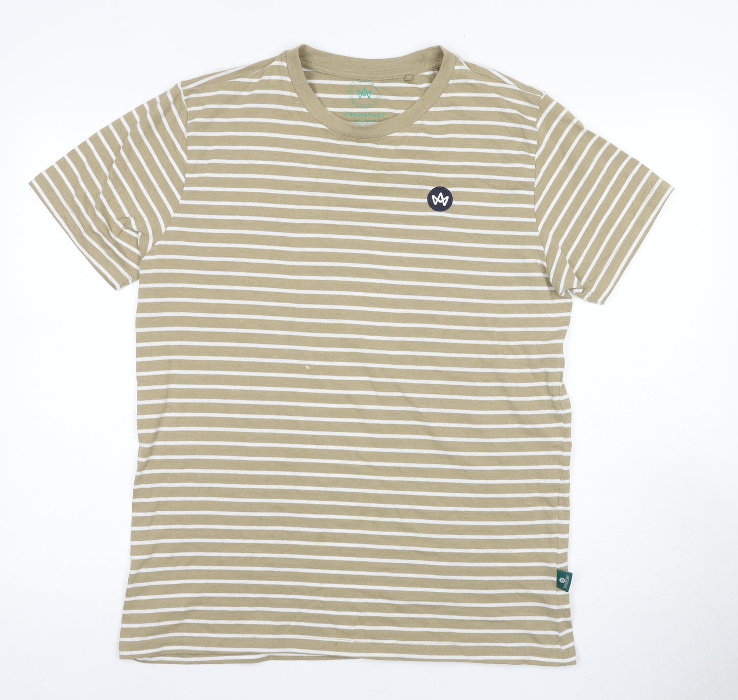 Kronstadt Men's Beige Striped T-Shirt L Crew Neck
