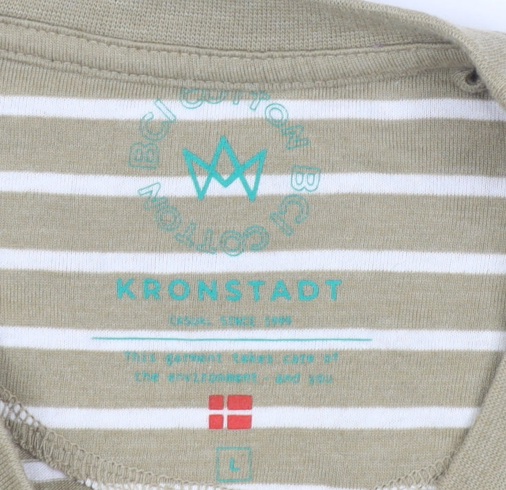 Kronstadt Men's Beige Striped T-Shirt L Crew Neck