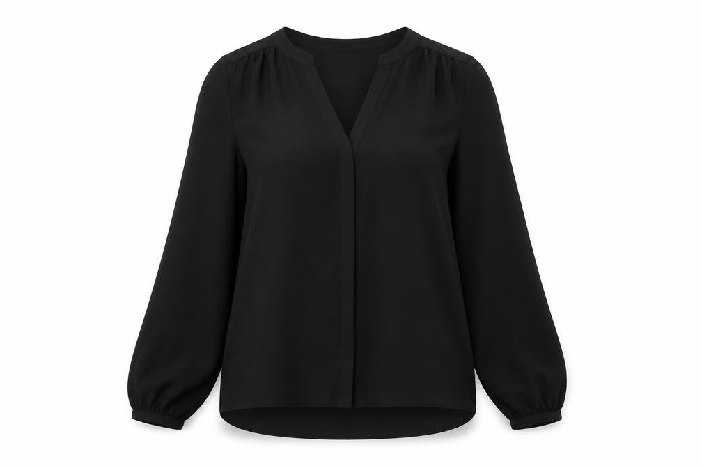 Front view of NYDJ Women's Black V-Neck Blouse, size S, Casual Elegance