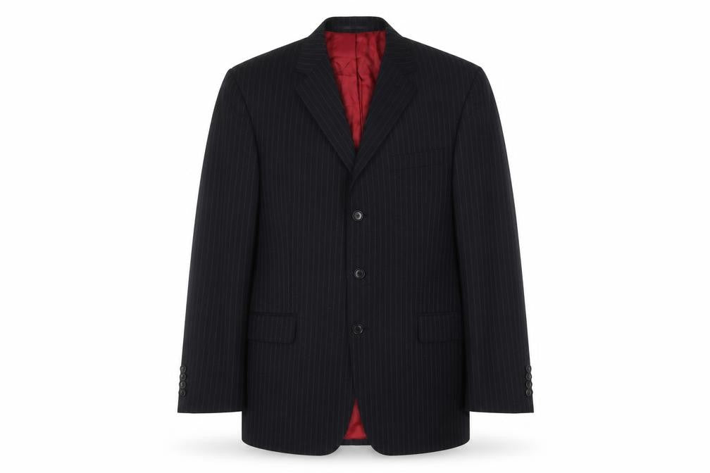 Front view of Austin Reed Men's Black Striped 42R Suit Jacket