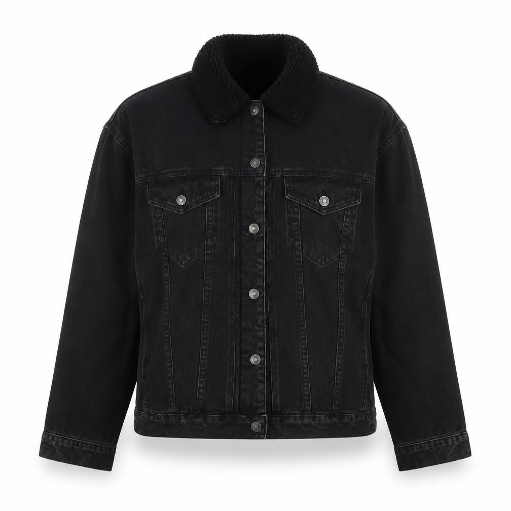 Front view of ASOS Women's Black Denim Jacket, size 10, Button Casual