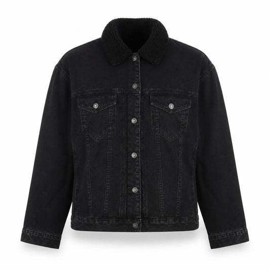 Front view of ASOS Women's Black Denim Jacket, size 10, Button Casual