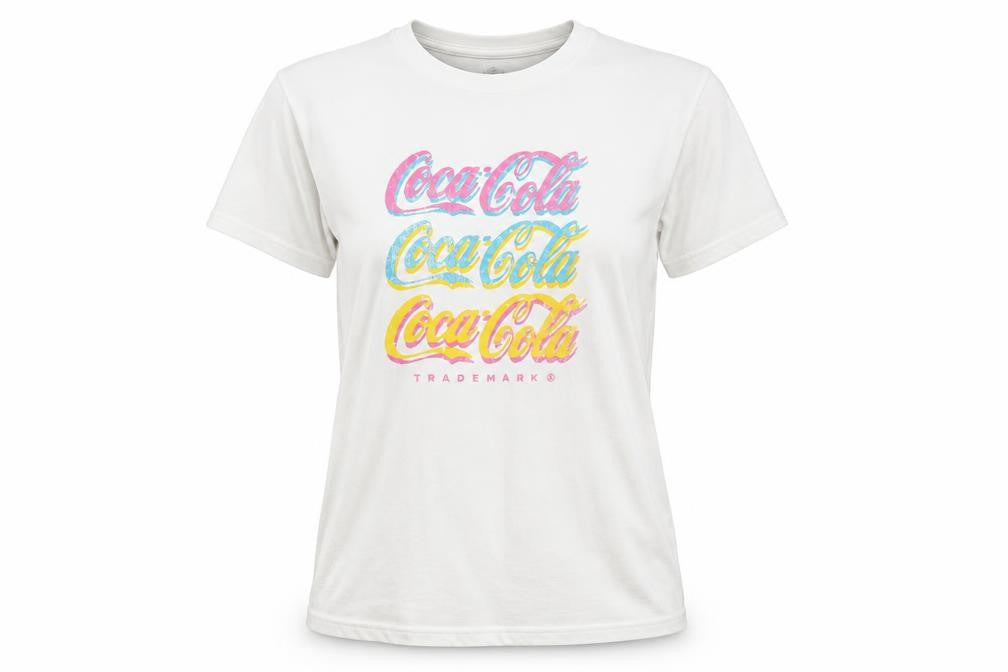 Front view of Coca-Cola unisex white m retro graphic tee