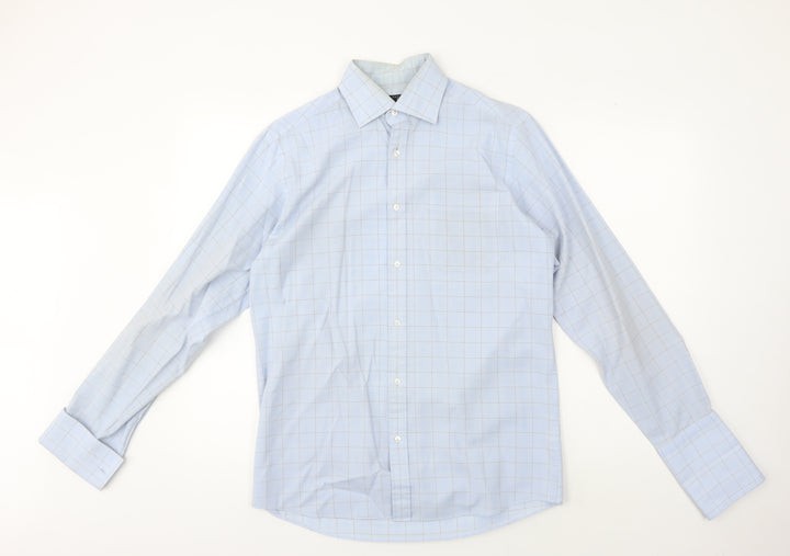 Thomas Nash Men's Blue Check Dress Shirt Slim Long Sleeve