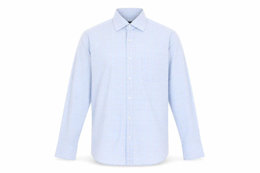 Front view of Thomas Nash Men's Blue Check Dress Shirt Slim Long Sleeve