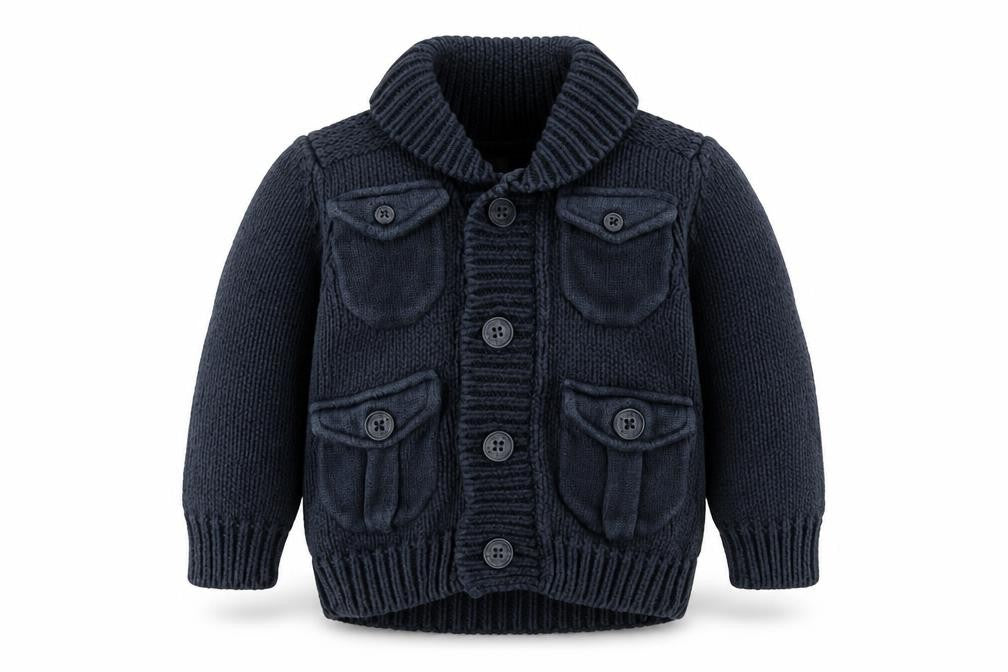 Front view of Jasper Conran unisex blue cardigan 9-12 months