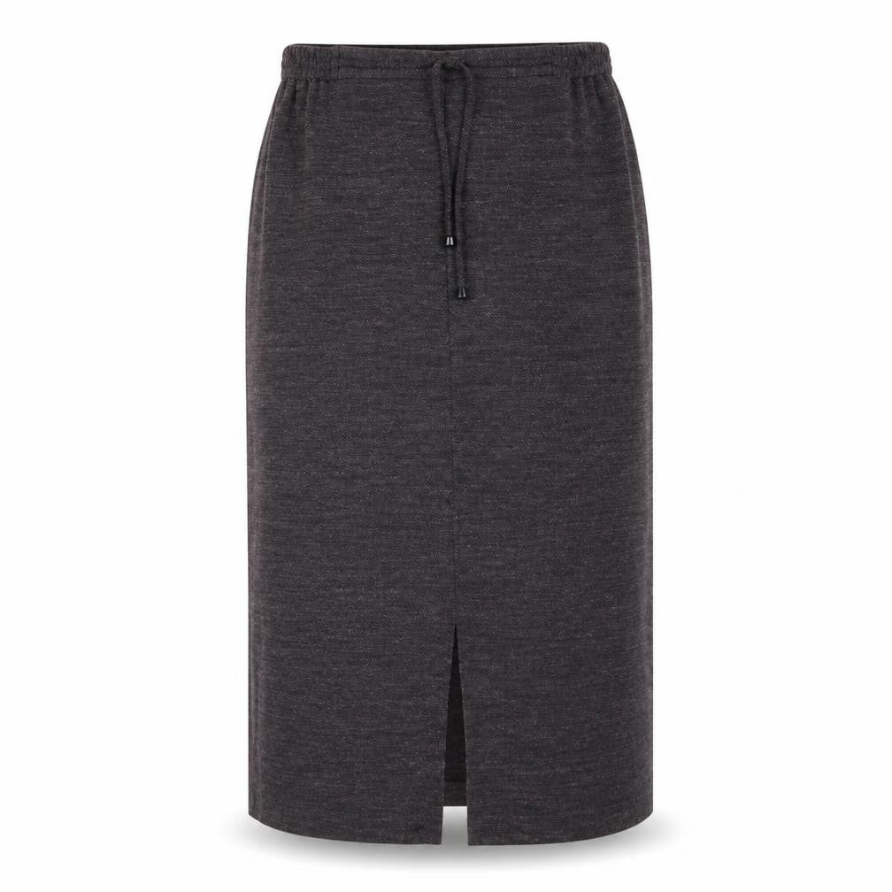 Front view of Viyella Women's Grey Midi Skirt, size 14, Pencil Style