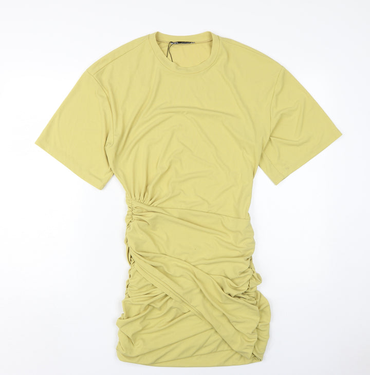 Zara Women's Yellow T-Shirt Dress, Size S, Ruched