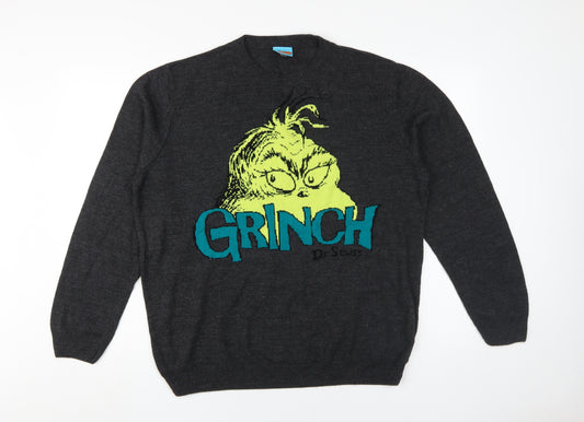 Dr. Seuss Men's Grey Grinch XL Pullover Jumper