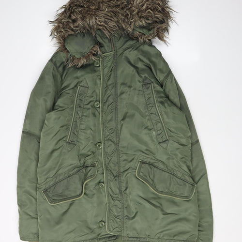 French Connection Green Women's Parka Jacket with Fur Trim, Size S