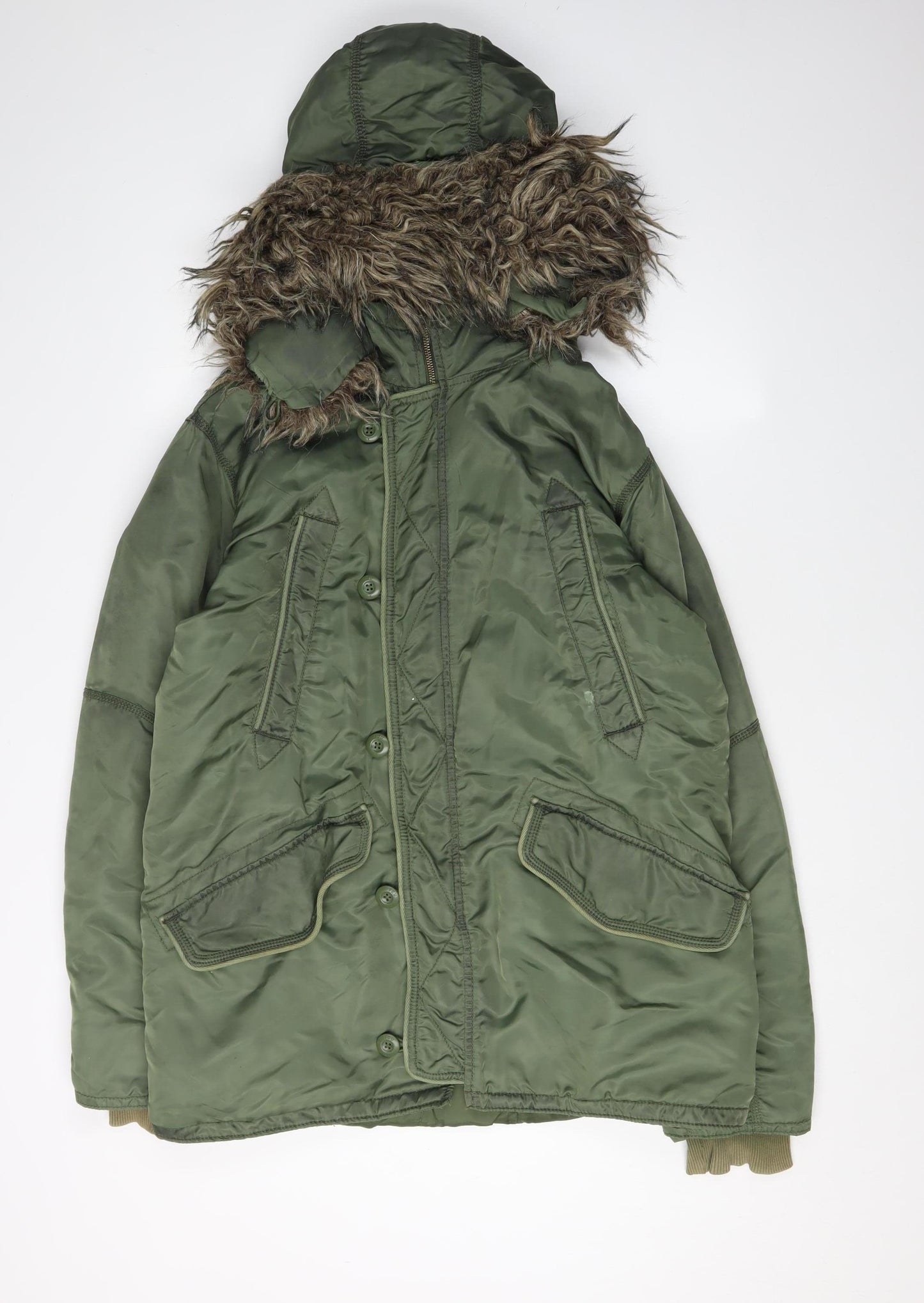 French Connection Green Women's Parka Jacket with Fur Trim, Size S