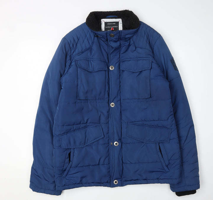 Volcano Men's Blue Puffer Jacket, Regular, Mid-Length Size L