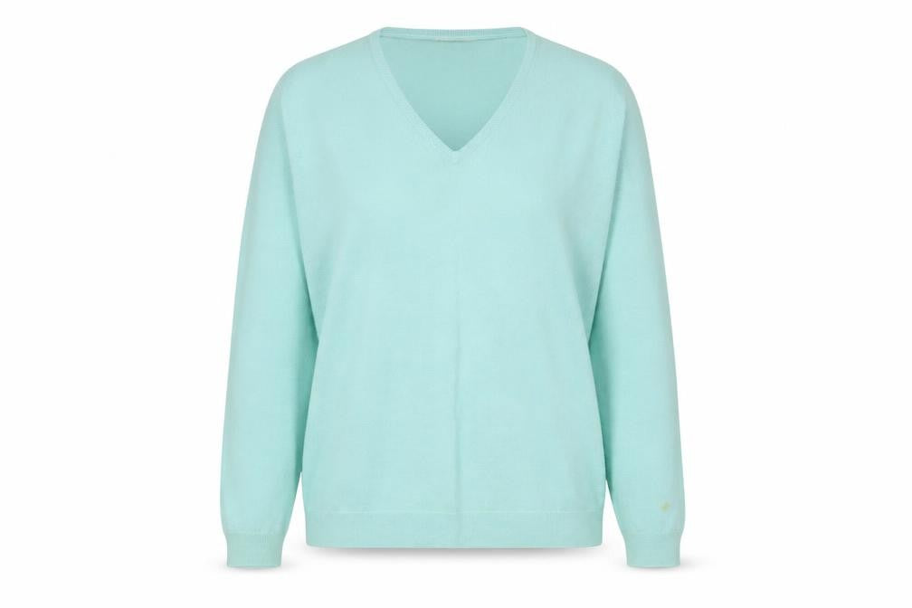 Front view of John Smedley Women's Green V-Neck Wool Pullover XL