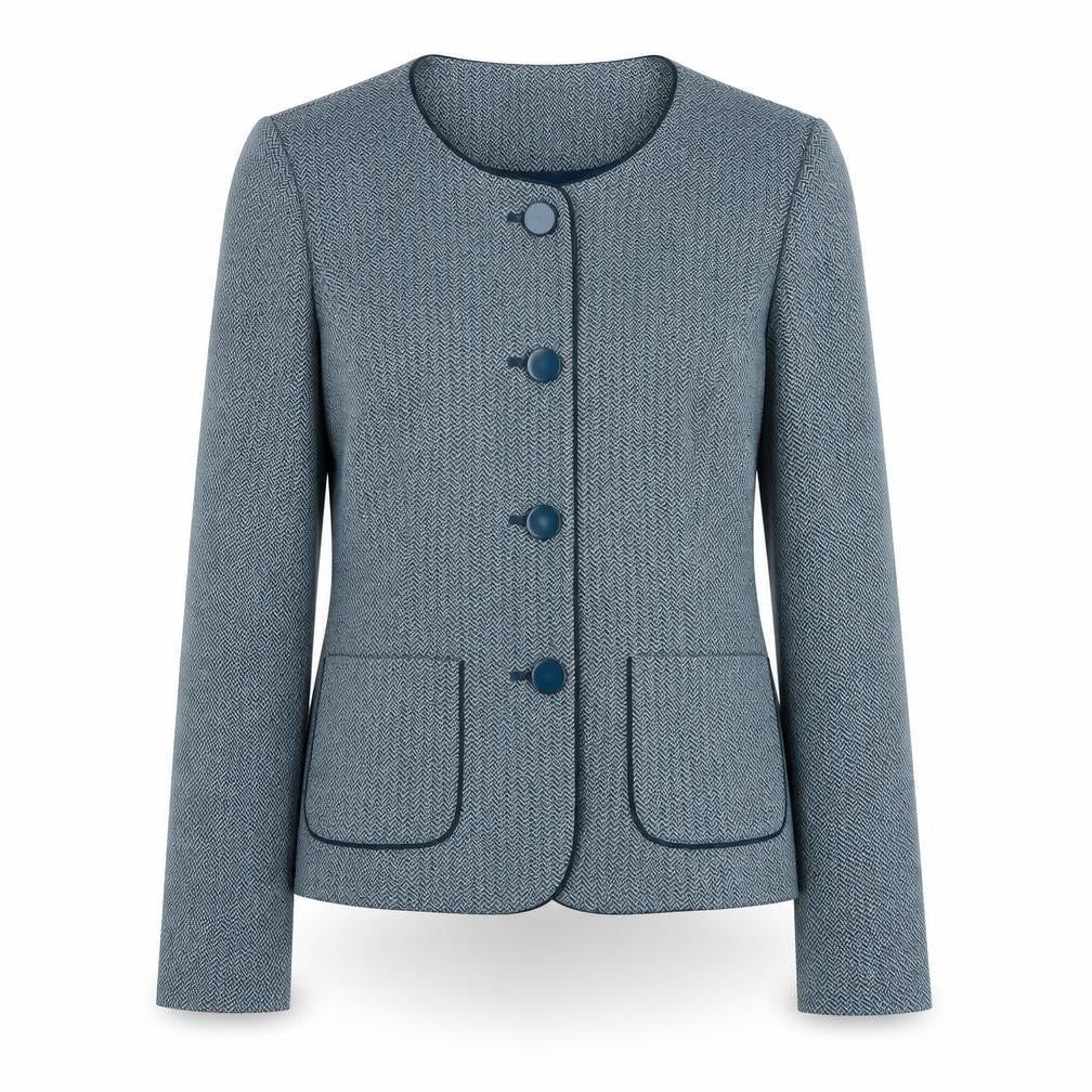 Front view of Eastex Women's Blue Chevron Suit Jacket, size 10