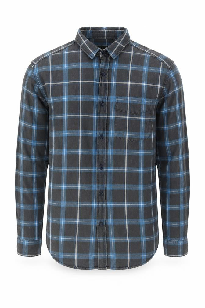 Front view of Globe Men's Blue Plaid Shirt Medium Regular Fit