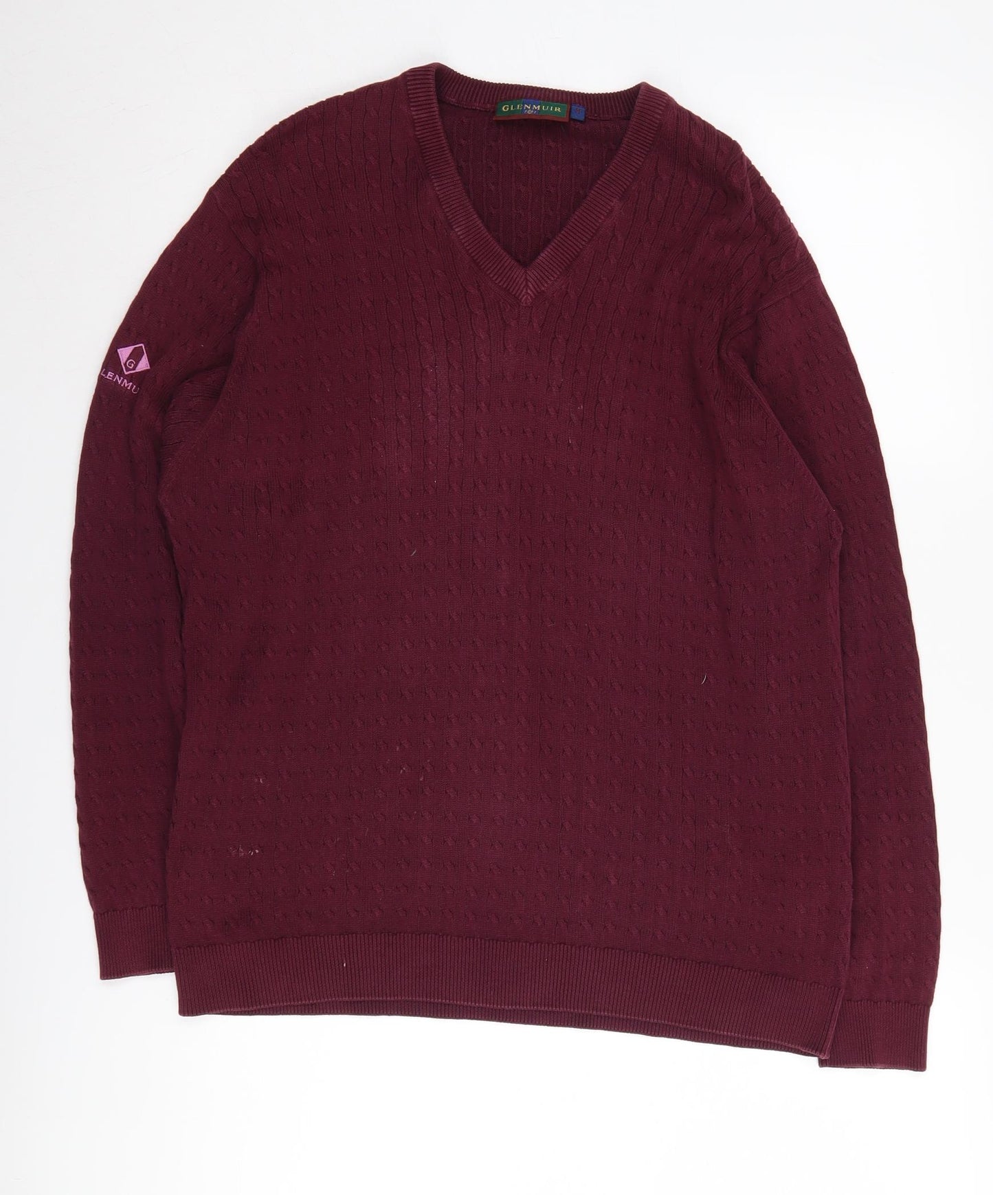 Glenmuir Men's Red Medium V-Neck Cable Knit Jumper