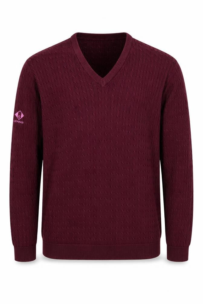 Front view of Glenmuir Men's Red Medium V-Neck Cable Knit Jumper