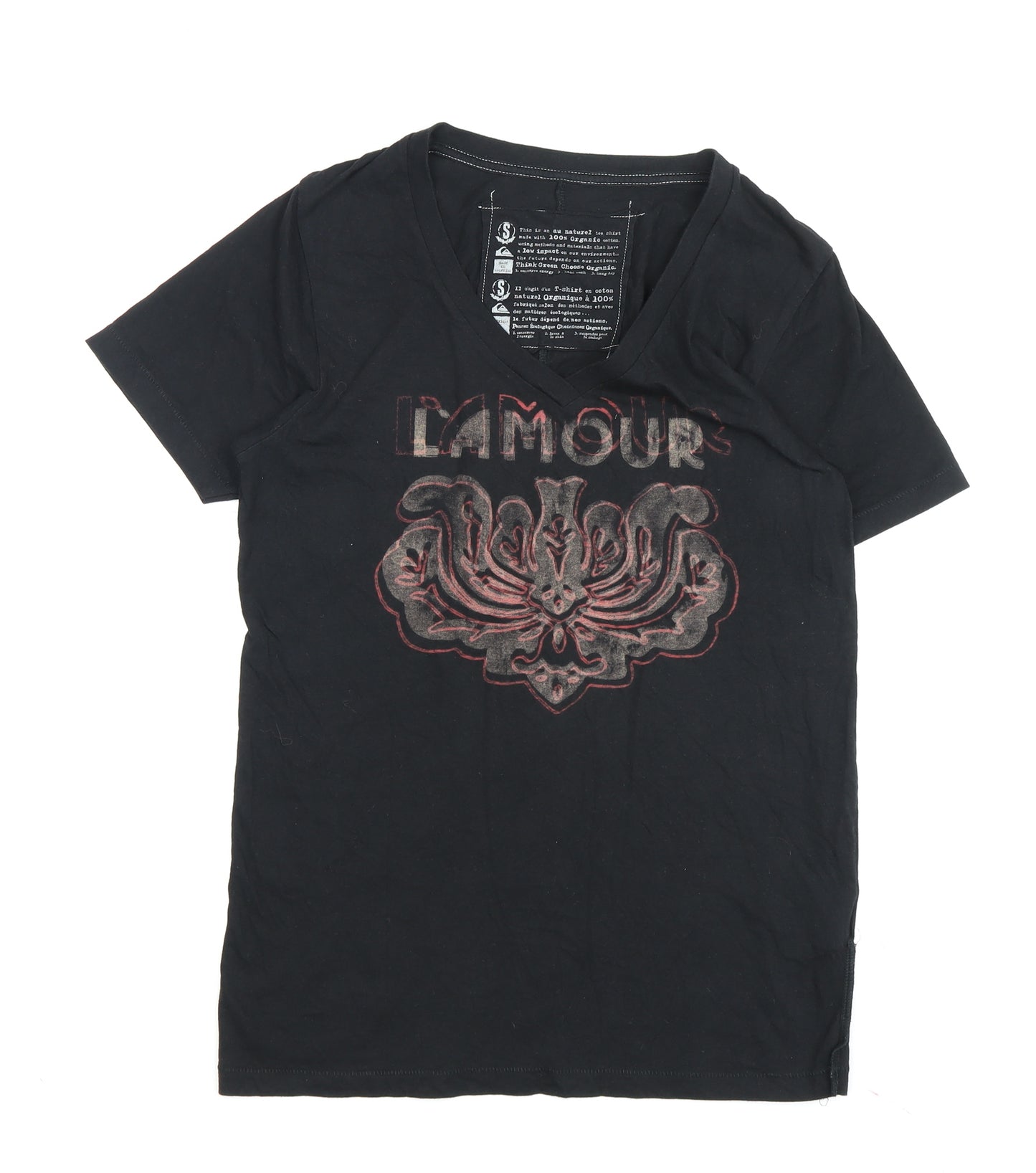 Quiksilver Black V-Neck T-Shirt Size S Unisex Casual