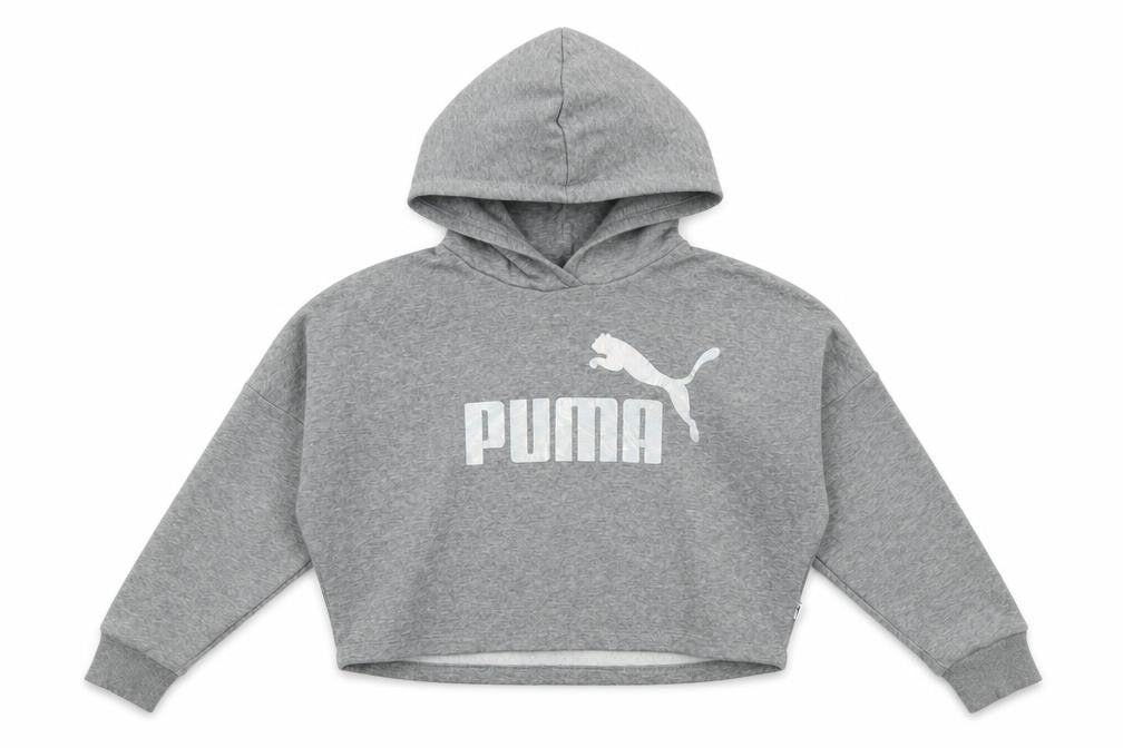 Front view of Puma Teens Grey Logo Pullover Hoodie, size 9-10
