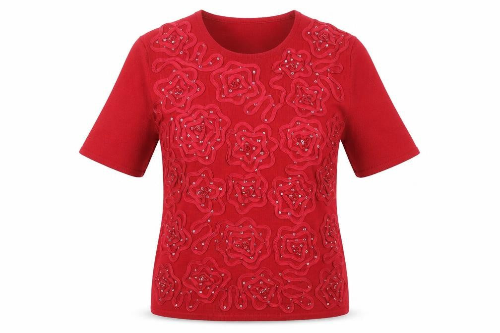 Front view of Jacques Vert Women's Red Sequin Knit T-Shirt S