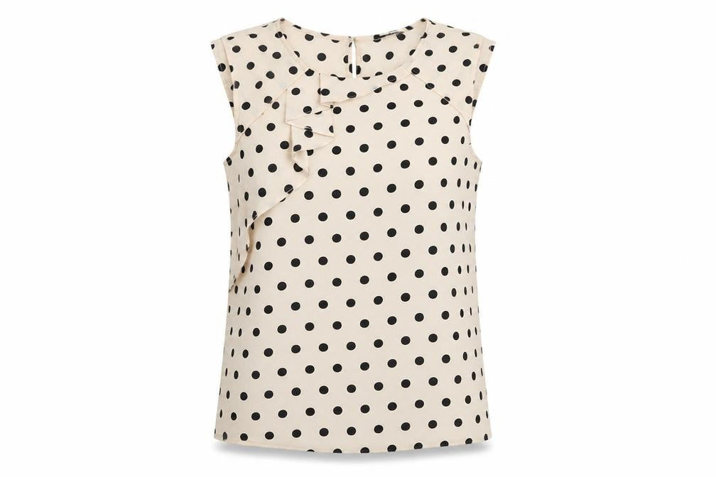 Front view of Oasis Beige Polka Dot Sleeveless Blouse Women, size 10