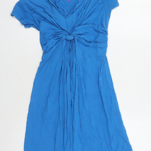 Women's Blue Wrap Dress - Midi, Short Sleeve, M
