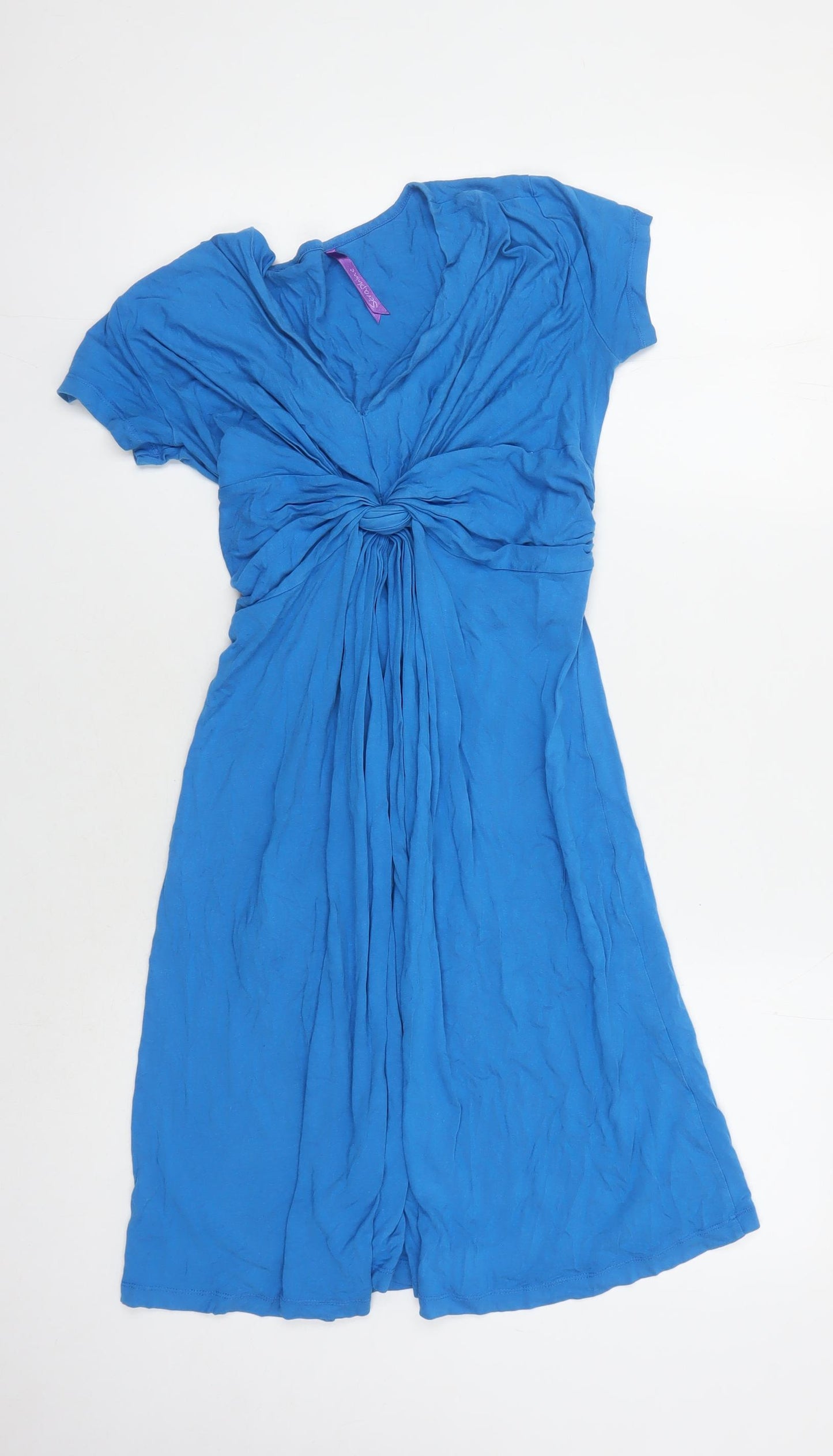 Women's Blue Wrap Dress - Midi, Short Sleeve, M