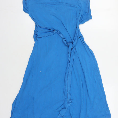Women's Blue Wrap Dress - Midi, Short Sleeve, M