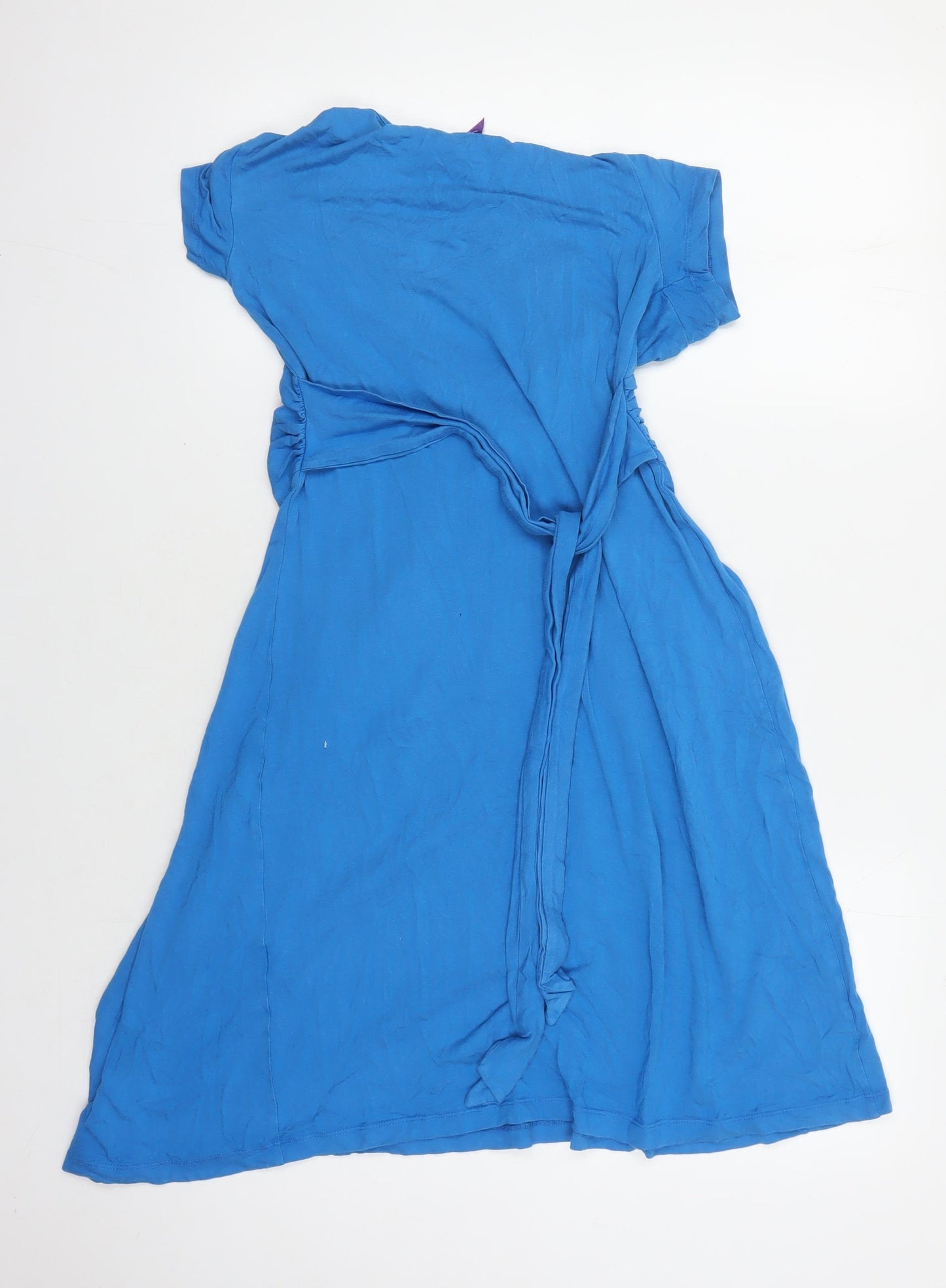 Women's Blue Wrap Dress - Midi, Short Sleeve, M