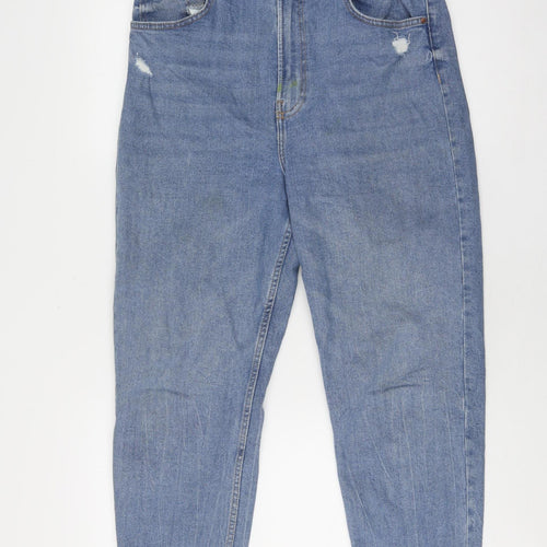 Bershka Women's Blue Distressed Slim Mom Jeans Size 14