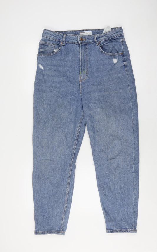 Bershka Women's Blue Distressed Slim Mom Jeans Size 14