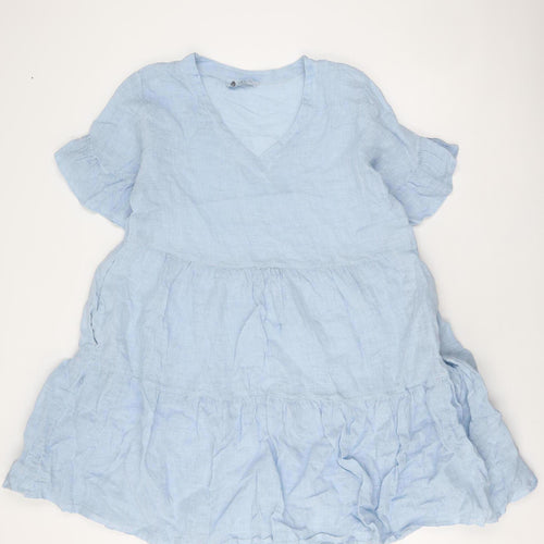 Platinum Fashion Women's Blue Linen Dress, V-Neck, One Size
