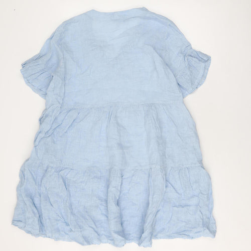 Platinum Fashion Women's Blue Linen Dress, V-Neck, One Size