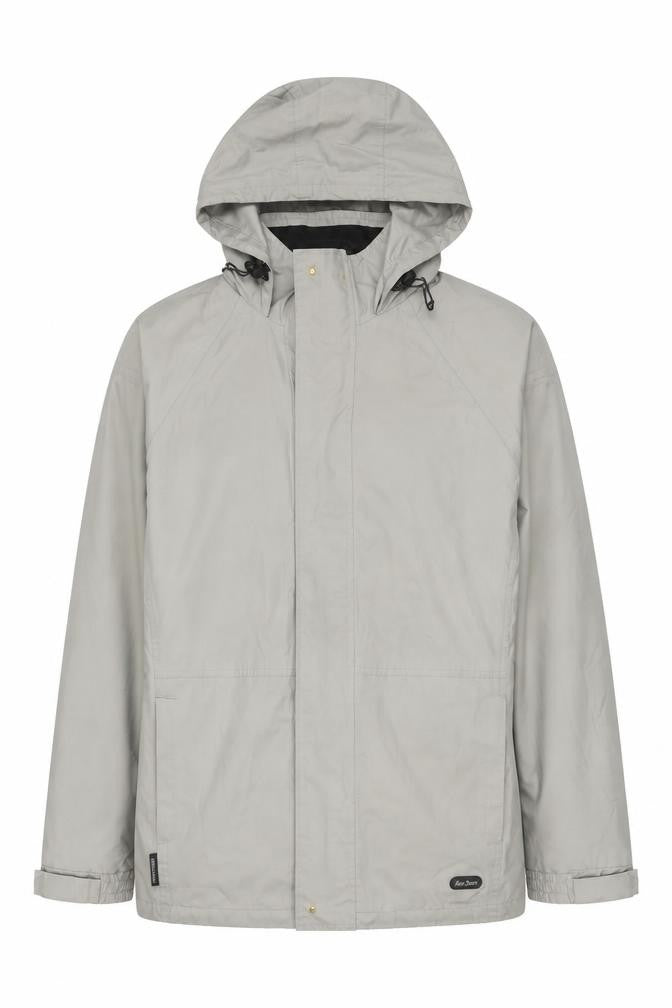 Front view of Peter Storm Men's Grey Hooded Rain Jacket, size S